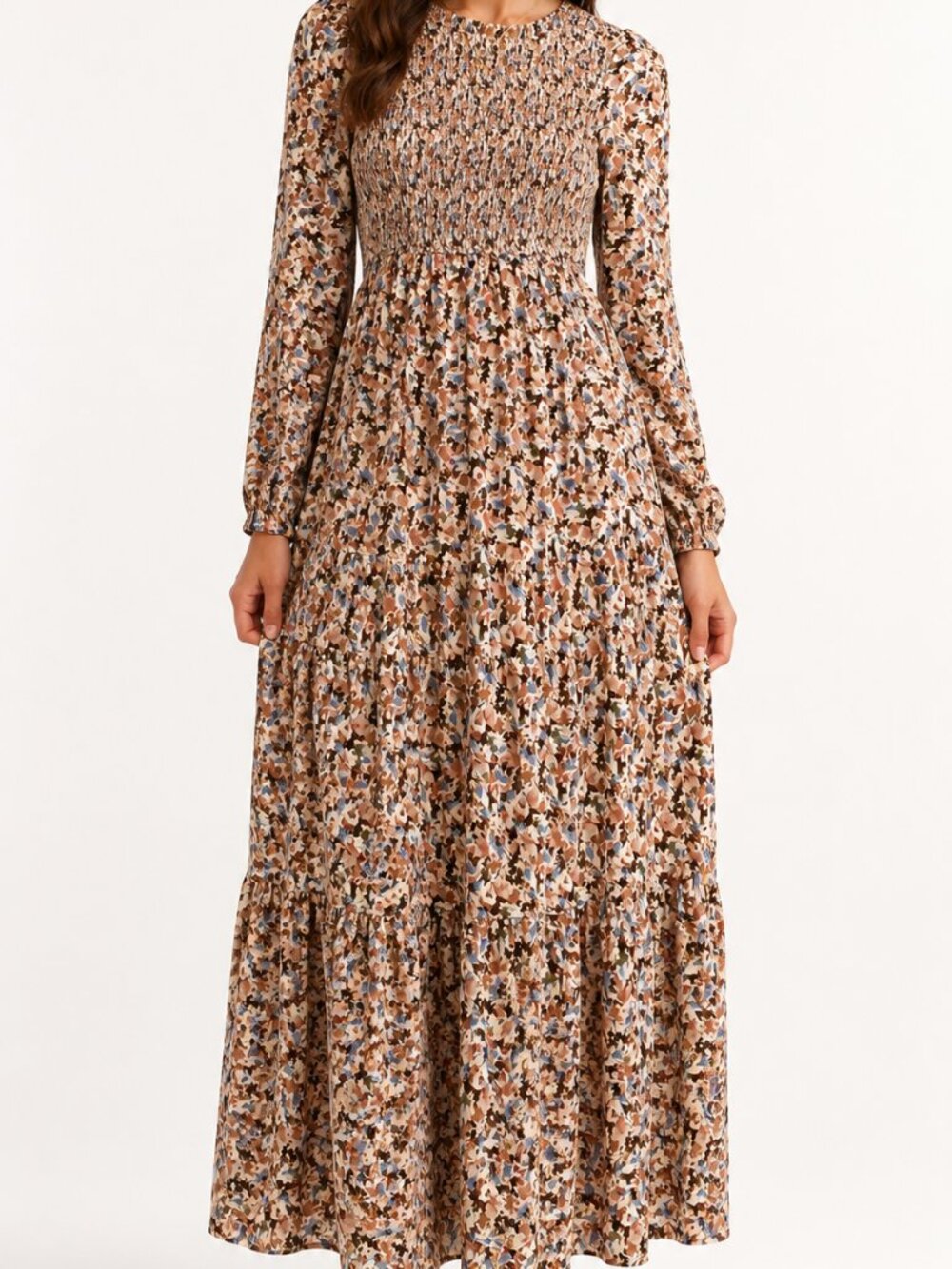 Hayden Los Angeles Long-Sleeved Smocked Maxi Dress with Tiered Skirt Size S